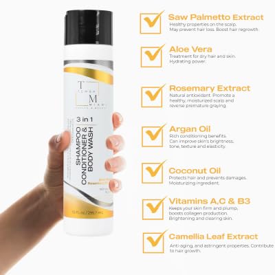 3 in 1 SHAMPOO/CONDITIONER/BODY WASH, with ALOE VERA, ARGAN & COCONUT OIL, ROSEMARY EXTRACT, CAMELLIA Leaf Extract, 10 FL oz.