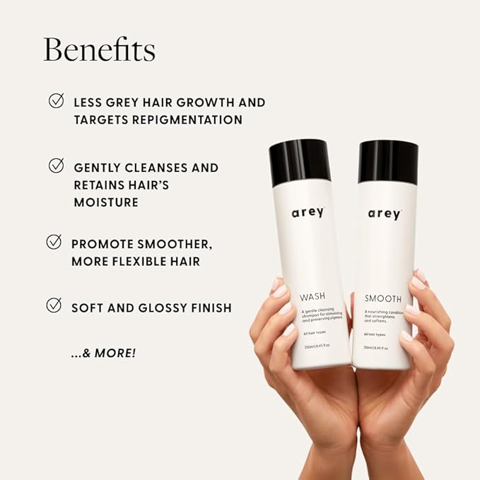 Arey Shower Duo | Wash Shampoo and Smooth Conditioner | Delay + Reduce the Signs of Aging Grey Hair | Retain Moisture, Promote Smoothness | Vegan, Gluten-Free & Cruelty Free (2 Pack, 8.45 Fl Oz each)