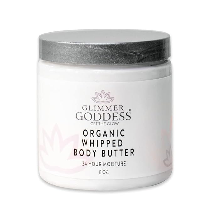 Glimmer Goddess Organic Whipped Body Butter for Women - Moisturizer Cream with Shea & Cocoa Butter, Almonds & Coconut Oil - Jasmine, 8oz