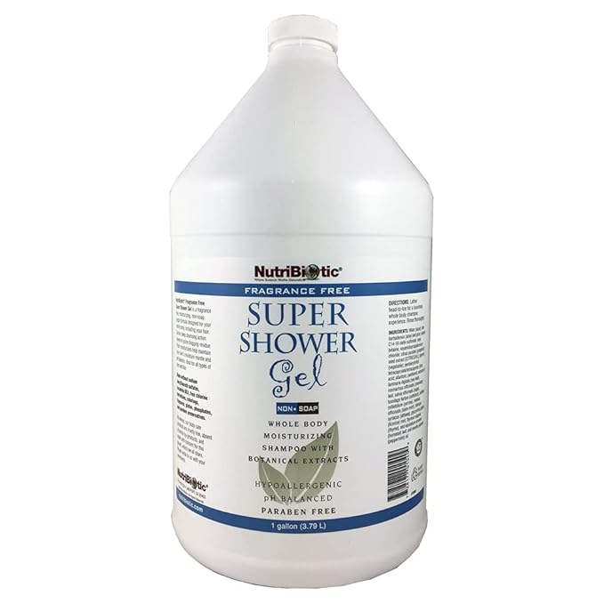 NutriBiotic – Fragrance-Free Super Shower Gel, 1 Gallon | Whole-Body Moisturizing Shampoo with GSE & Botanical Extracts | Non-Soap, pH Balanced & Free of Gluten, Parabens, Sulfates, Dyes & Colorings