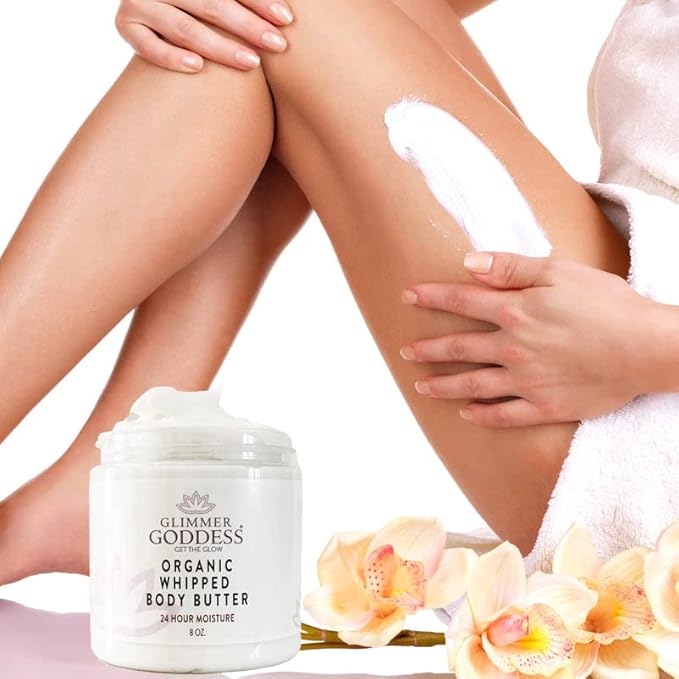 Glimmer Goddess Organic Whipped Body Butter for Women - Moisturizer Cream with Shea & Cocoa Butter, Almonds & Coconut Oil - Jasmine, 8oz