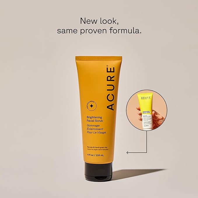 Acure Brightening Facial Scrub - Exfoliating Face Wash, Gentle Daily Scrubber & Exfoliator for Women & Men for Radiant Skin, Cleansing Wash with Sea Kelp & French Green Clay - 4 fl oz