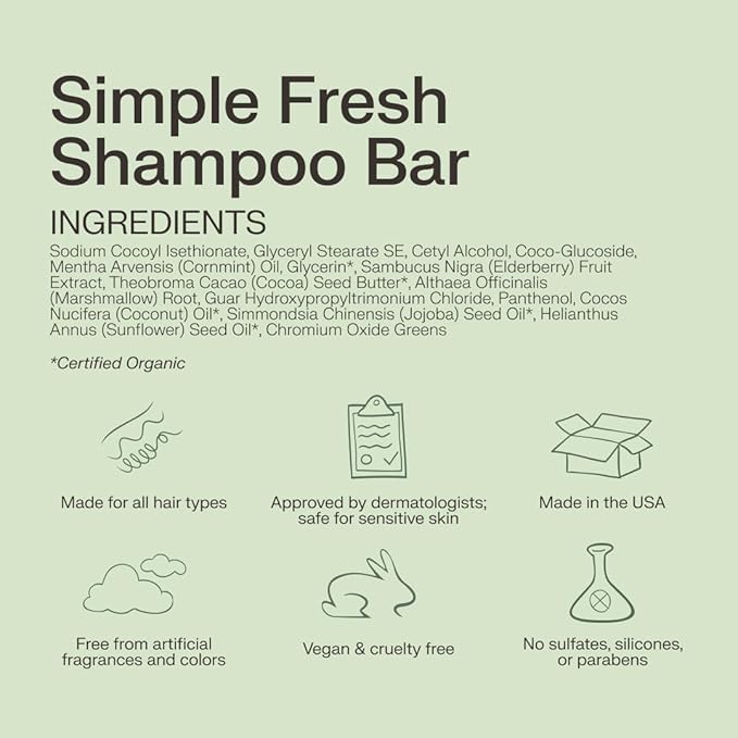 The Earthling Co. Shampoo Bar - Promote Hair Growth, Strengthen & Volumize All Hair Types - Paraben & Sulfate Free formula with Natural, Vegan Ingredients for Dry Hair (Simple Fresh, 3 oz)