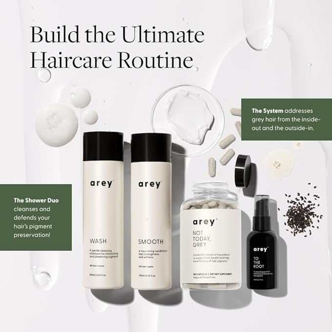 Arey Shower Duo | Wash Shampoo and Smooth Conditioner | Delay + Reduce the Signs of Aging Grey Hair | Retain Moisture, Promote Smoothness | Vegan, Gluten-Free & Cruelty Free (2 Pack, 8.45 Fl Oz each)