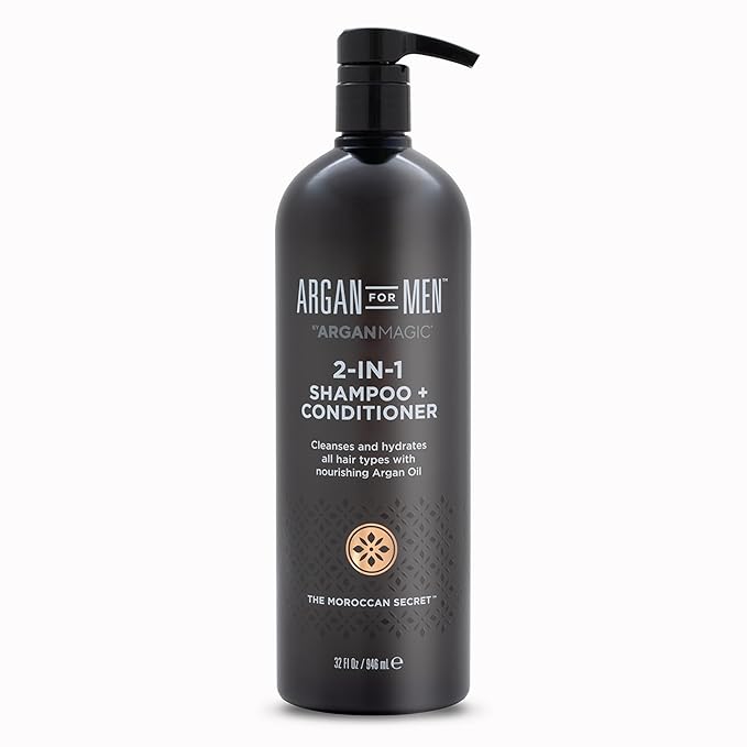 Argan Magic 2-in-1 Men's Shampoo + Conditioner with Argan Oil & Bergamot Scent - Cleanses and Hydrates All Hair Types, Restore Moisture, Boost Shine | Made in USA, Paraben Free, Cruelty Free (32 oz)