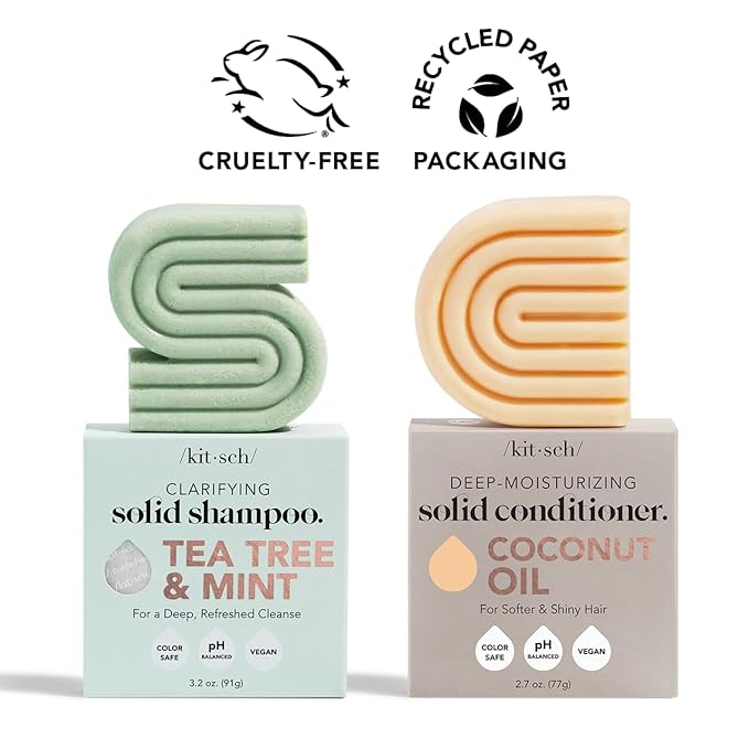 Kitsch Tea Tree Solid Shampoo & Coconut Oil Conditioner Bar, Shampoo and Conditioner Set for Clarifying Grease & Deep Moisturizing, Natural Organic, Paraben & Sulfate Free - 2 pack
