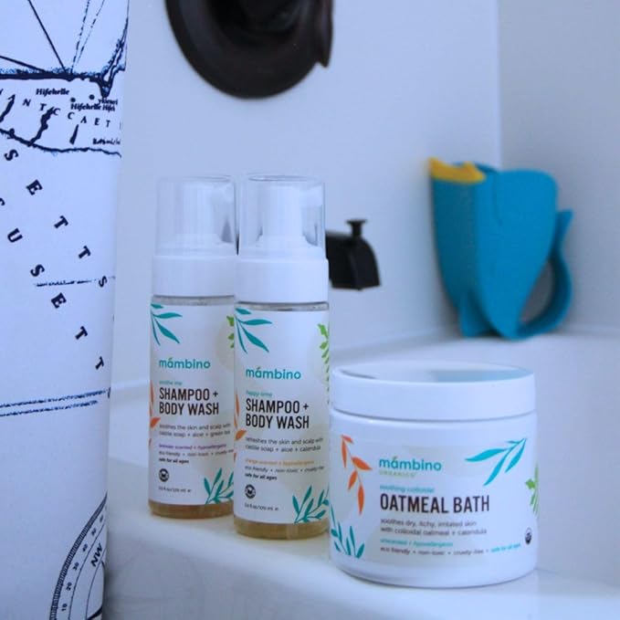 Mambino Organics Soothing Bath Set - Organic Colloidal Oatmeal Bath Soak, Soothe Me Shampoo & Body Wash, CalmingOil - Cruely-Free & Vegan Bath Products