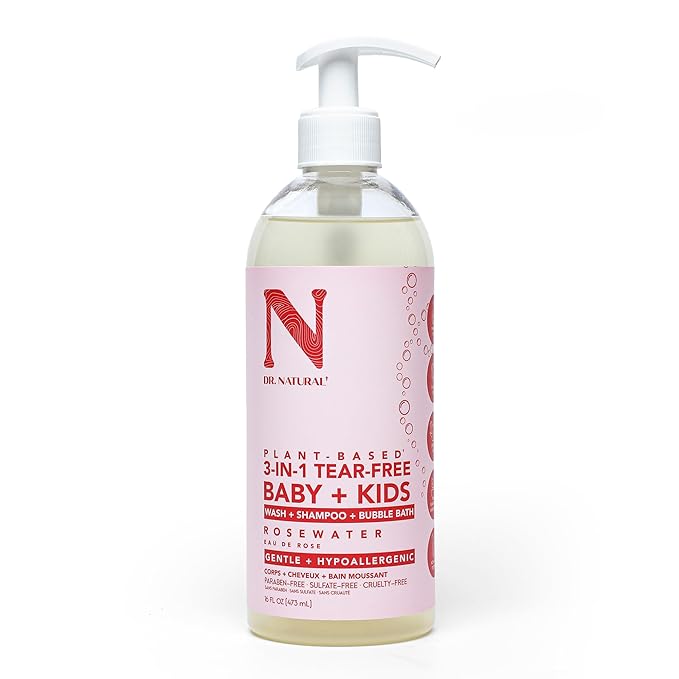 Dr. Natural 3-in-1 Tear-Free Baby Plus Kids Soap - Head-to-Toe Soap and Shampoo - Sensitive Skin Moisturizing Body Wash - Rosewater - 16 oz