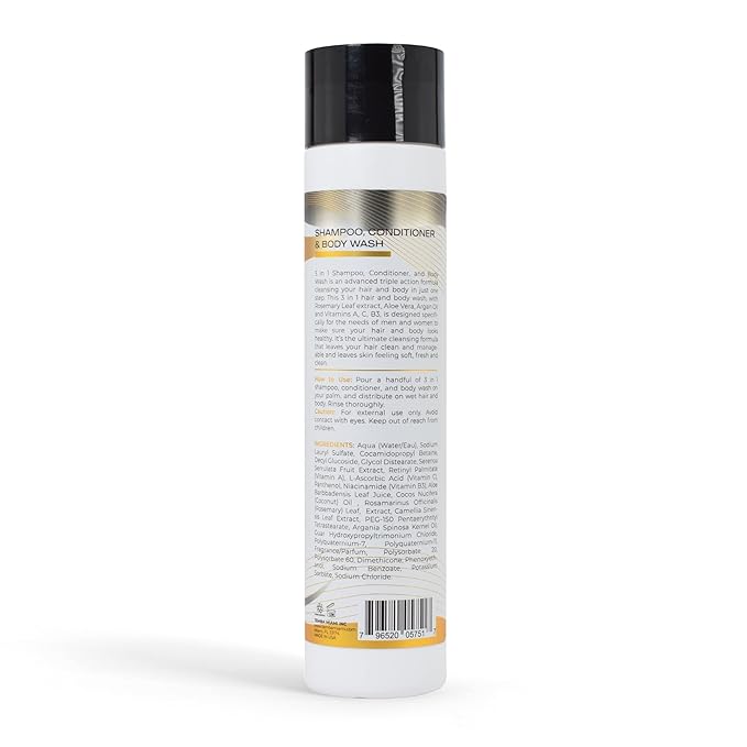 3 in 1 SHAMPOO/CONDITIONER/BODY WASH, with ALOE VERA, ARGAN & COCONUT OIL, ROSEMARY EXTRACT, CAMELLIA Leaf Extract, 10 FL oz.