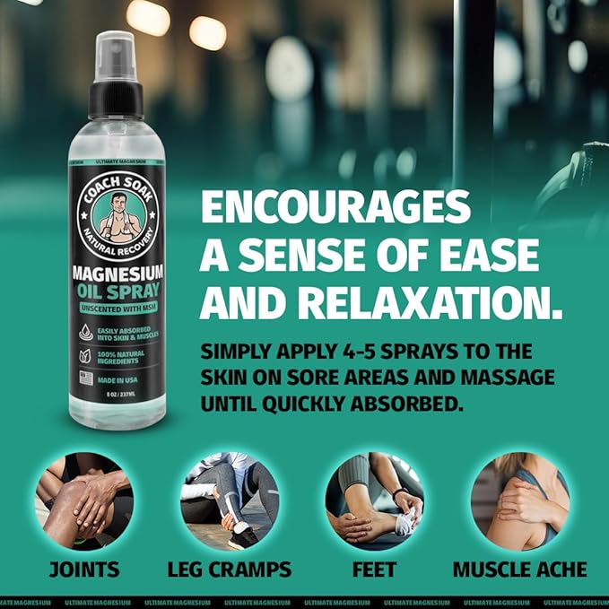 Coach Soak Magnesium Oil Spray with MSM - 8oz, Extra Magnesium Chloride Strength, 100% Pure Topical Spray for Feet & Body, Unscented - Made in USA