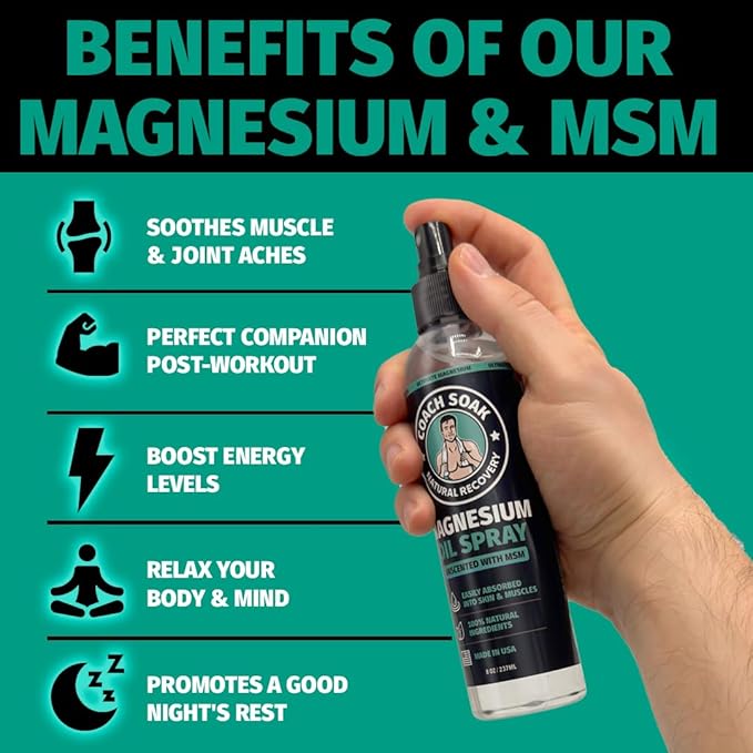 Coach Soak Magnesium Oil Spray with MSM - 8oz, Extra Magnesium Chloride Strength, 100% Pure Topical Spray for Feet & Body, Unscented - Made in USA