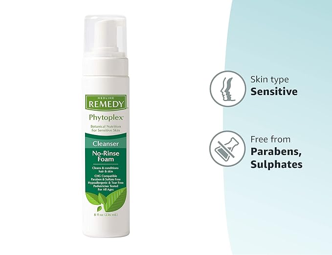 Medline Remedy Phytoplex Hydrating Cleansing Foam, No-Rinse Body Wash and Shampoo, Paraben and Sulfate-Free, 8 fl oz (Pack of 2)