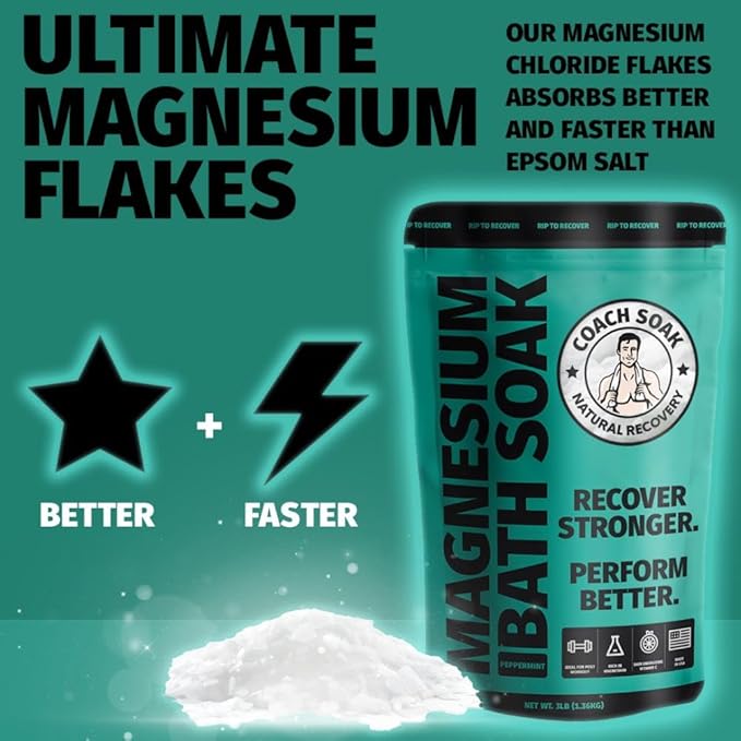 Coach Soak Epsom Salt Bath Soak Alternative - Magnesium Flakes & Mineral Bath Salts with 21 Minerals - Muscle & Joint Support - 3 lb (1 Pack) - Cooling Peppermint