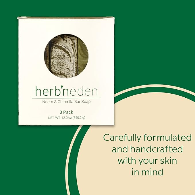 Herb’N Eden - Neem Chlorella Bar Soap - Moisturizing Face & Body Soap - For Acne, Eczema, Psoriasis & Oily Skin - Natural Plant-Based Ingredients & Essential Oils - Handmade in USA - 3 Pack