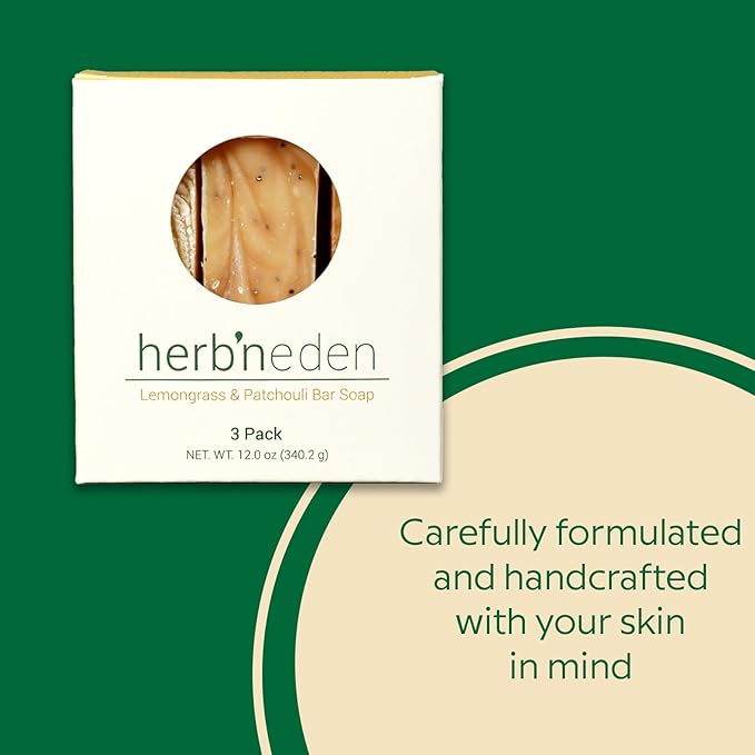 Herb’N Eden - Lemongrass & Patchouli Bar Soap - Moisturizing Face & Body Soap - For Acne, Eczema, Dry & Cracked Skin - Natural Plant-Based Ingredients & Essential Oils - Handmade in USA - 3 Pack