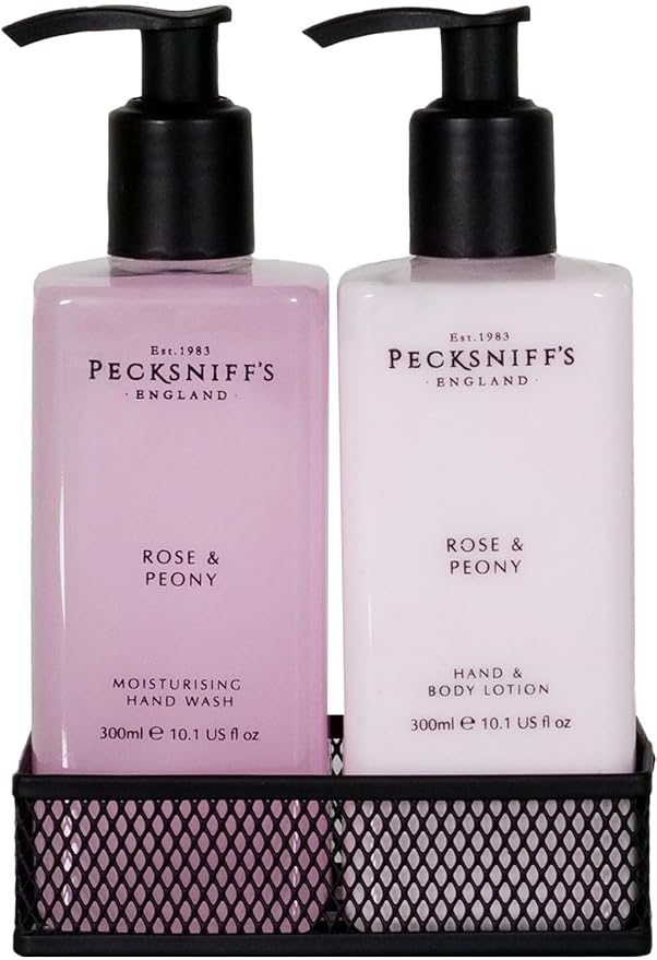 Hand Wash & Body Lotion Caddy Set (Rose & Peony) - 10.1 Fl Oz Each - Gentle Cleanser for Sensitive Skin - Moisturizing & Hydrating Hand Cream - All Natural Cruelty Free Body Wash - Pecksniff’s