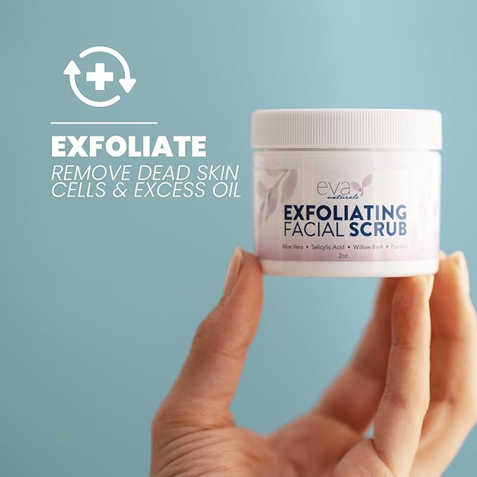 Eva Naturals Exfoliating Facial Scrub – Gentle Microdermabrasion Face Exfoliator with Pumice & Botanical Extracts – Facial Wash to Clear Blackheads, Acne, and Dead Skin for Smooth, Radiant Skin - 2 oz