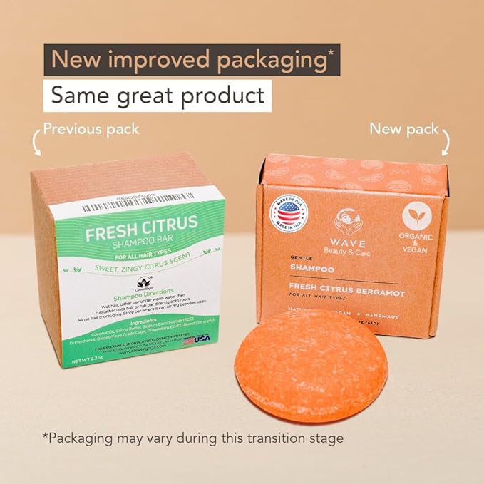 Wave Fresh Citrus Shampoo Bar - Moisturizing & Handmade Vegan Bar for Shiny Hair, Natural, Organic & Non-GMO Shampoo for Women & Men, 2.3 oz, Long-Lasting (80-120 Uses)