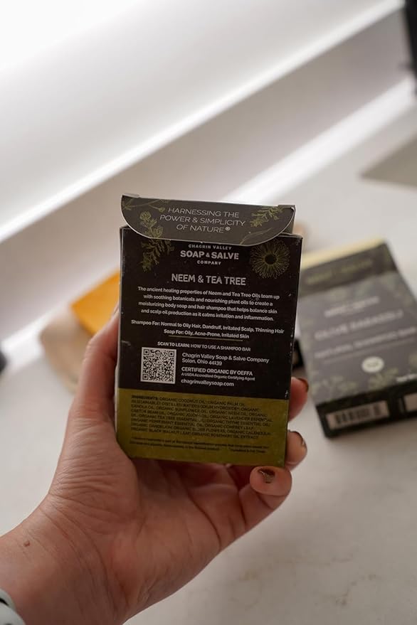 Chagrin Valley Soap & Salve Neem & Tea Tree Organic Soap & Shampoo Bar – Soothe Dry, Itchy, Irritated Skin - Sulfate Free - For Body & Hair Vegan Shampoo Natural, Large 5.6 oz Bar - 3PK