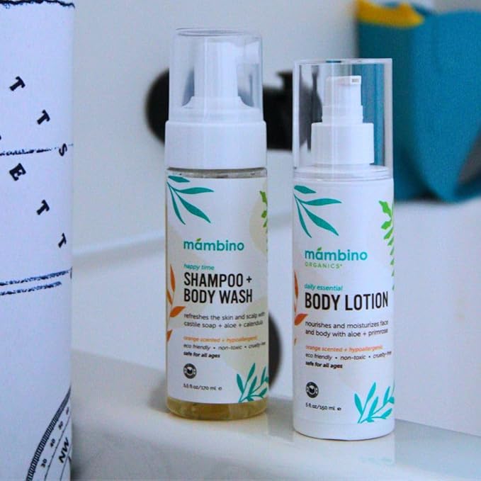 Mambino Organics Happy Time Bath Set - Happy Time Shampoo & Body Wash & Daily Essential Lotion – Cruelty-Free & Vegan Bath Products