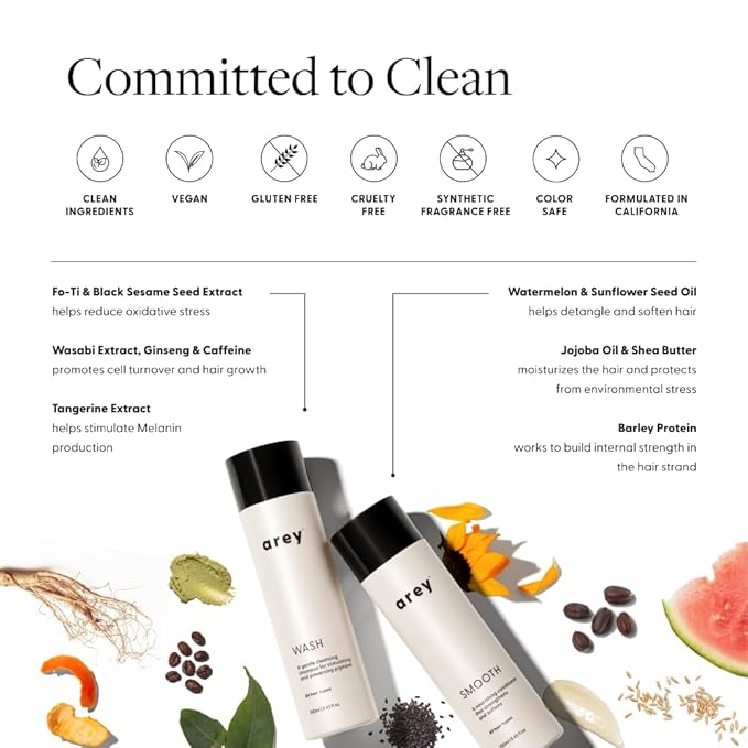 Arey Shower Duo | Wash Shampoo and Smooth Conditioner | Delay + Reduce the Signs of Aging Grey Hair | Retain Moisture, Promote Smoothness | Vegan, Gluten-Free & Cruelty Free (2 Pack, 8.45 Fl Oz each)