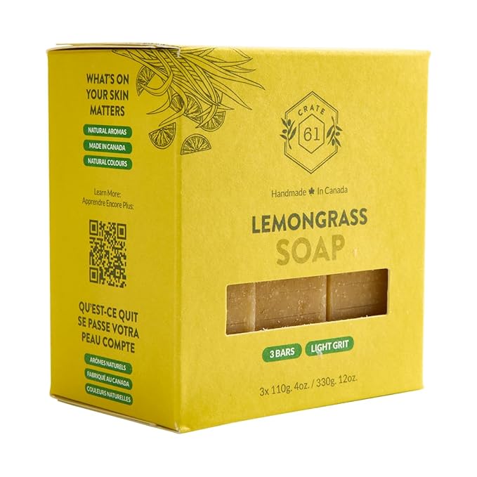 Crate 61 Organics, Handmade in Canada, Plant Based Cold Process Natural Bar Soap For Face And Body, With Premium Essential Oils, For Men And Women 3 Pack (Lemongrass)