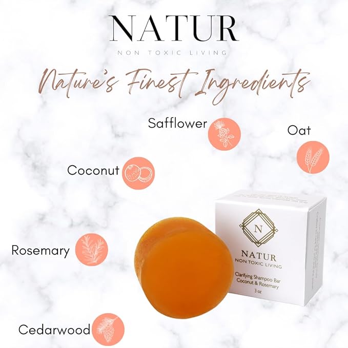 Natur Shampoo Bar - Salon Quality | Natural Ingredients, Non-Toxic, Vegan, Paraben-Free, Zero Waste | Essential Oils, Smooth & Deep Cleansing, Promotes Hair Growth & Care | Coconut and Rosemary 3 oz