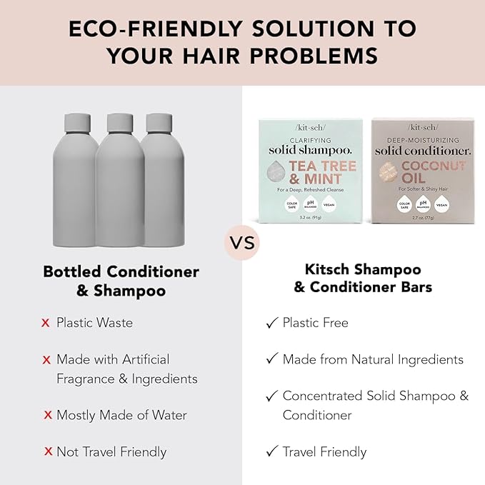 Kitsch Tea Tree Solid Shampoo & Coconut Oil Conditioner Bar, Shampoo and Conditioner Set for Clarifying Grease & Deep Moisturizing, Natural Organic, Paraben & Sulfate Free - 2 pack