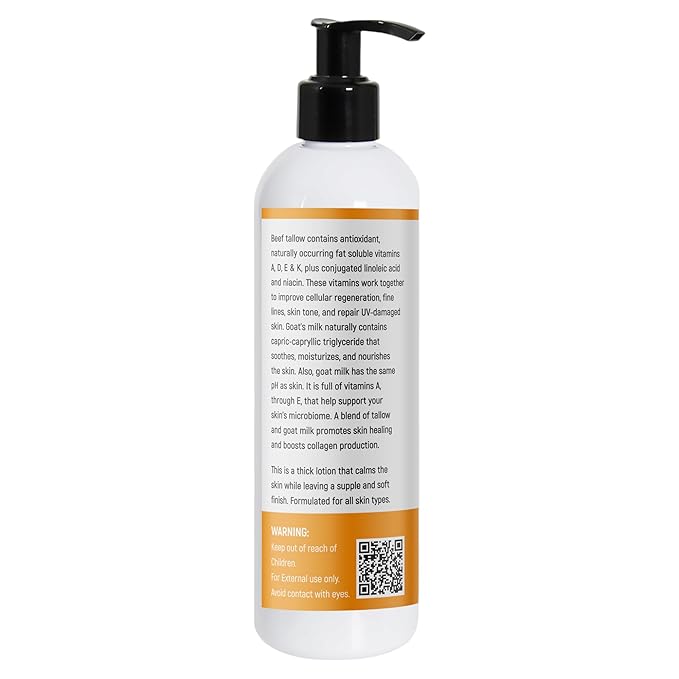 Tallow & Goat Milk Body Lotion for Sensitive Skin, Organic moisturizing Lotion - Soothes Dry skin, Goat Milk face and body Moisturizer - Handmade Tallow for skin cream (8 OZ, UNSCENTED)