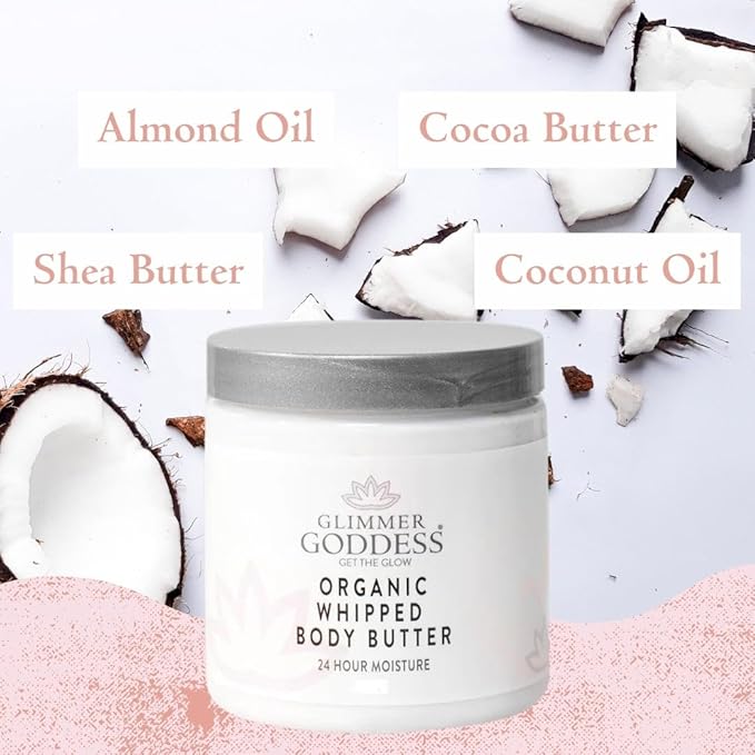 Glimmer Goddess Organic Whipped Body Butter for Women - Moisturizer Cream with Shea & Cocoa Butter, Almonds & Coconut Oil - Spiced Orange, 8oz