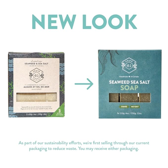 Crate 61 Organics, Handmade in Canada, Plant Based Cold Process Natural Bar Soap For Face & Body, With Premium Essential Oils, For Men And Women 3 Pack (Seaweed and Sea Salt)