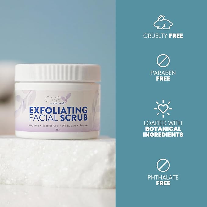 Eva Naturals Exfoliating Facial Scrub – Gentle Microdermabrasion Face Exfoliator with Pumice & Botanical Extracts – Facial Wash to Clear Blackheads, Acne, and Dead Skin for Smooth, Radiant Skin - 2 oz