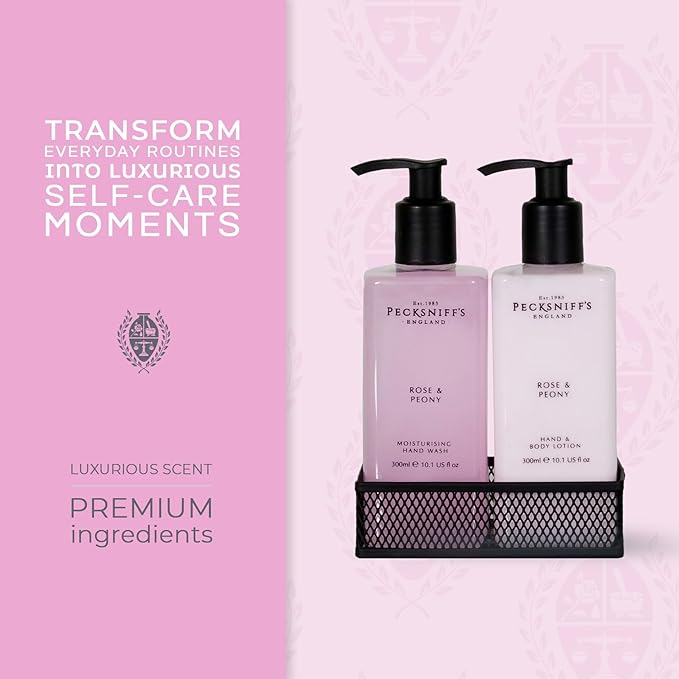 Hand Wash & Body Lotion Caddy Set (Rose & Peony) - 10.1 Fl Oz Each - Gentle Cleanser for Sensitive Skin - Moisturizing & Hydrating Hand Cream - All Natural Cruelty Free Body Wash - Pecksniff’s