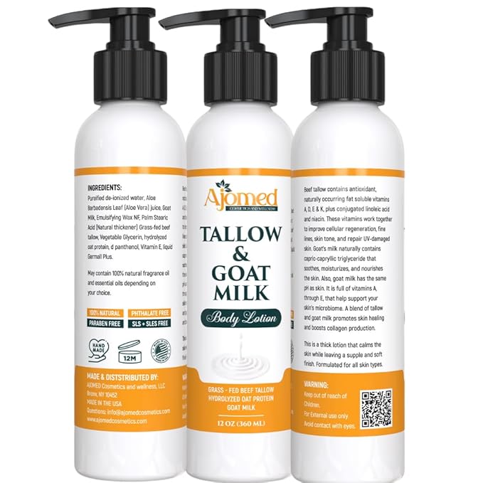 Tallow & Goat Milk Body Lotion for Sensitive Skin, Organic moisturizing Lotion - Soothes Dry skin, Goat Milk face and body Moisturizer - Handmade Tallow for skin cream (8 OZ, Oatmeal & Honey)