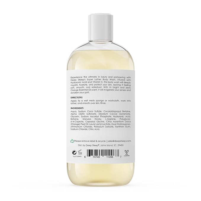 Deep Steep Super Lather Body Wash, Orange, 17 oz – Hydrating Shower Gel with Hyaluronic Acid, Manuka Honey, & Orange Essential Oil – Vegan, Clean Beauty, Clean & Refreshed Skin