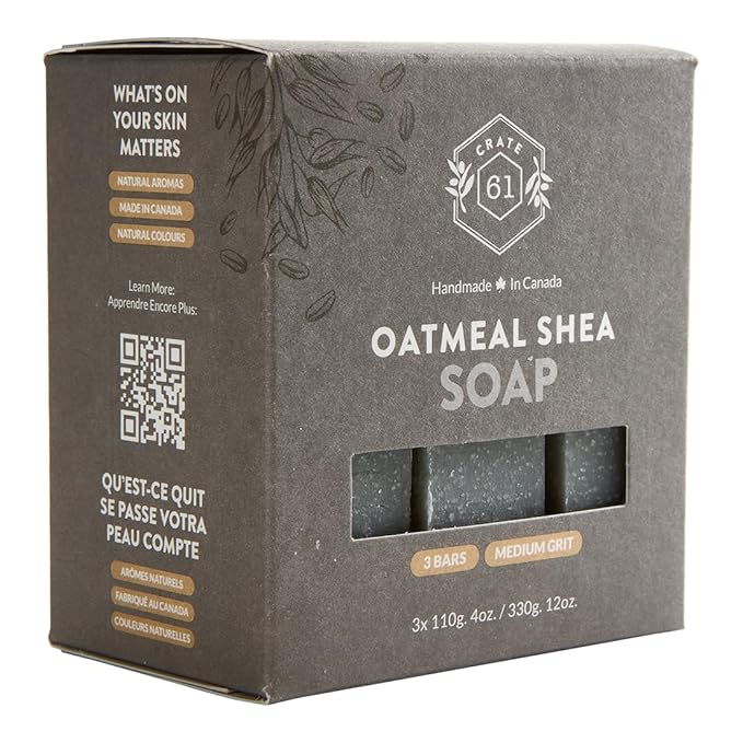Crate 61 Organics, Handmade in Canada, Plant Based Cold Process Natural Bar Soap For Face & Body, w/Premium Essential Oils, For Men & Women 3 Pack (Oatmeal Shea (Unscented))