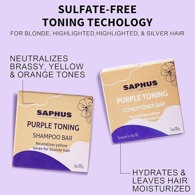 Sulfate Free Brass Toning Purple Shampoo Bar and Conditioner Set for Blonde, Bleached, Silver, or Brown Hair, Neutralizes Brassy Yellow Orange Tones, 6 oz