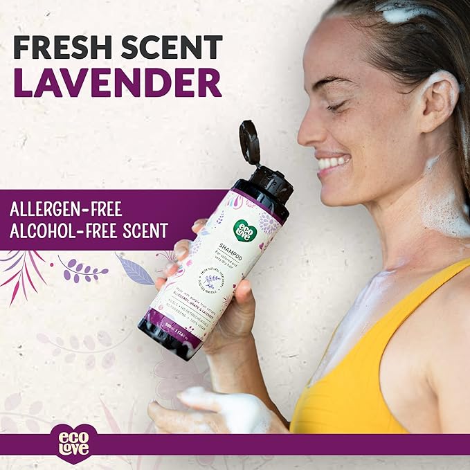 ecoLove - Natural Shampoo, Sodium lauryl sulfate Free, Vegan & Cruelty Free Shampoo for Color Treated Hair, Very Dry & Damaged Hair, Organic Lavender shampoo, No SLS or Parabens, 17.6 oz