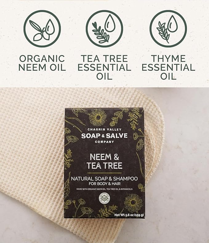 Chagrin Valley Soap & Salve Neem & Tea Tree Organic Soap & Shampoo Bar – Soothe Dry, Itchy, Irritated Skin - Sulfate Free - For Body & Hair Vegan Shampoo Natural, Large 5.6 oz Bar - 3PK