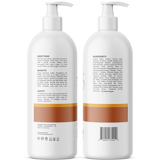 Ginger Shampoo with Biotin, Fortifying Formula, Promoting Hair Regrowth, Strengthening & Nourishing Scalp and Follicles, Restoring Softness and Shine, Paraben-Free, 16 fl oz