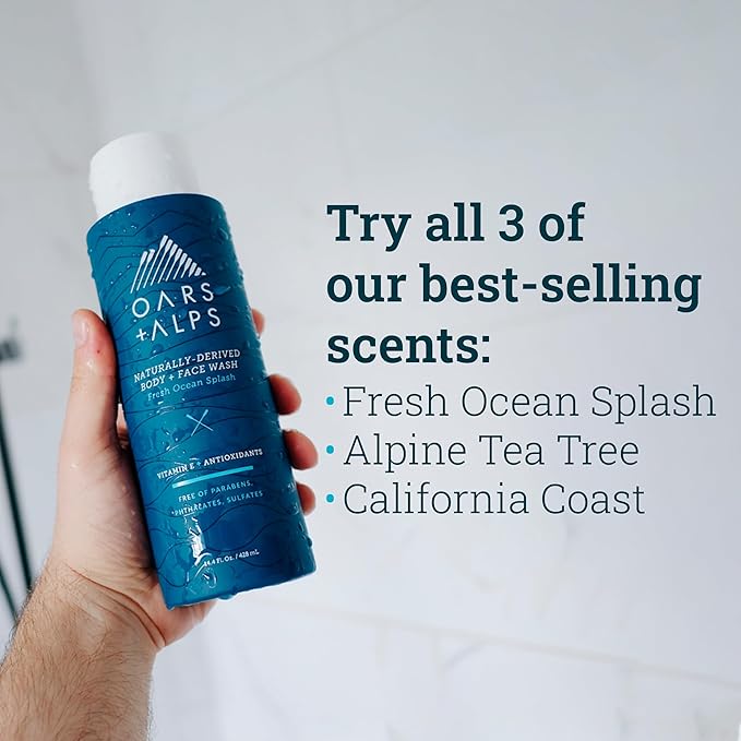 Oars + Alps Body Wash for Men, Mens Body Wash with Vitamin E and Antioxidants, Moisturizing, Hydrating, Paraben & Sulfate Free Cleanser, Variety Set, 3pk