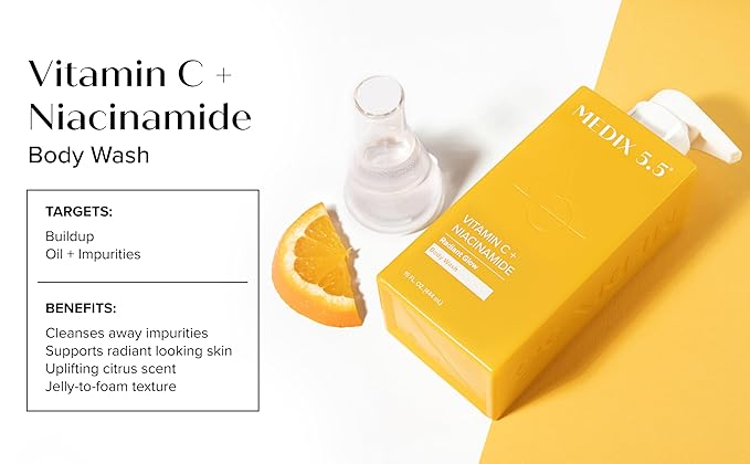 Medix 5.5 Radiant Glow Vitamin C Body Wash W/Niacinamide | Citrus Scented Gentle Body & Face Cleanser For Women, Men, Dry Skin, & Smoother-Looking Skin | Removes Dirt, Oil, & Impurities, 2-Pack