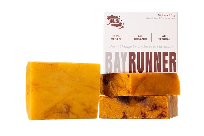 ILS Soap co. Bay Runner (Burnt Orange Peel, Cloves & Patchouli)- All Natural Bar Soap for men - Plant Based and Handmade in the USA for All Skin Types and conditions for face and body (3 Pack)