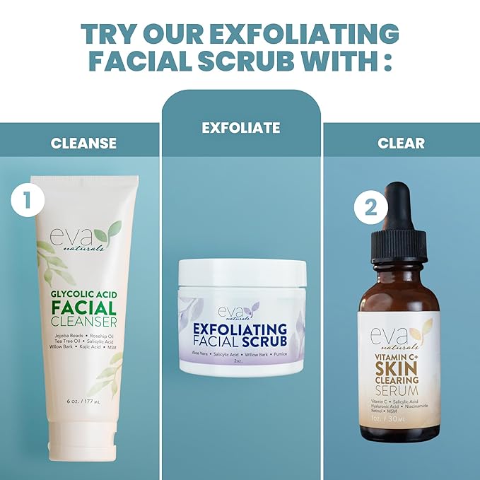 Eva Naturals Exfoliating Facial Scrub – Gentle Microdermabrasion Face Exfoliator with Pumice & Botanical Extracts – Facial Wash to Clear Blackheads, Acne, and Dead Skin for Smooth, Radiant Skin - 2 oz