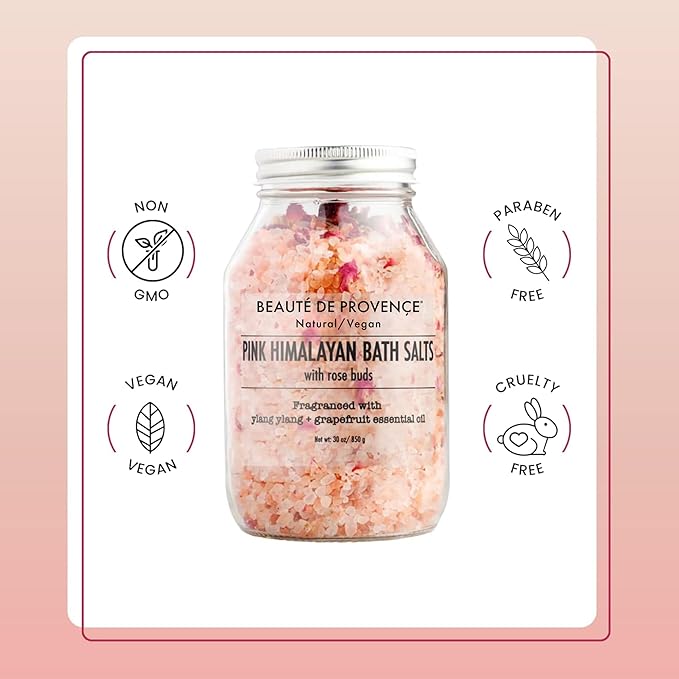 Beaute DE Provence Pink Himalayan Bath Salt with Rose Petals - 100% Natural Aromatherapy & Relaxation - Ylang Grapefruit Essential Oil Bath Salts for Women - Cruelty-Free, Revitalize & Soothes Skin