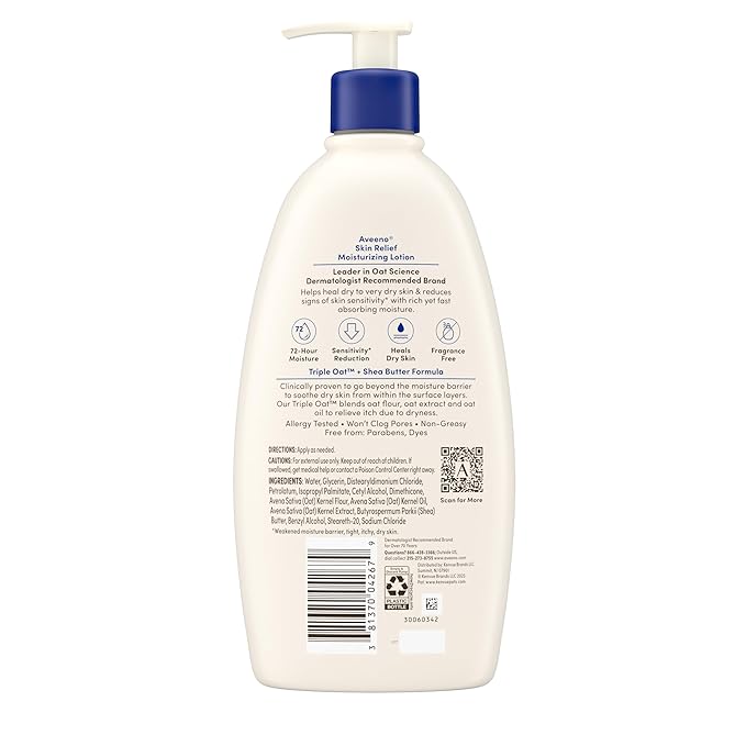 Aveeno Skin Relief Moisturizing Lotion Heals Very Dry, Sensitive Skin, Fast-Absorbing Body Lotion with Soothing Triple Oat & Shea Butter Formula, Fragrance Free, Non-Comedogenic, 18 fl. oz