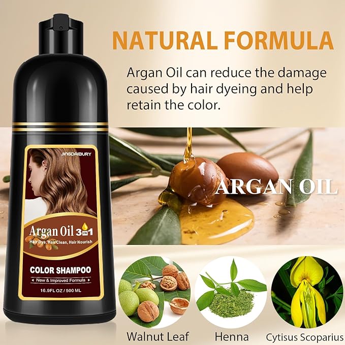 Cherry Brown Hair Color Shampoo Made with Argan Oil, 3 in 1 Instant Hair Dye Shampoo for Gray Hair, 4 Weeks of Vibrant Color, Semi-Permanent Hair Color Kit for All Hair Types, Women & Men, Easy to Use