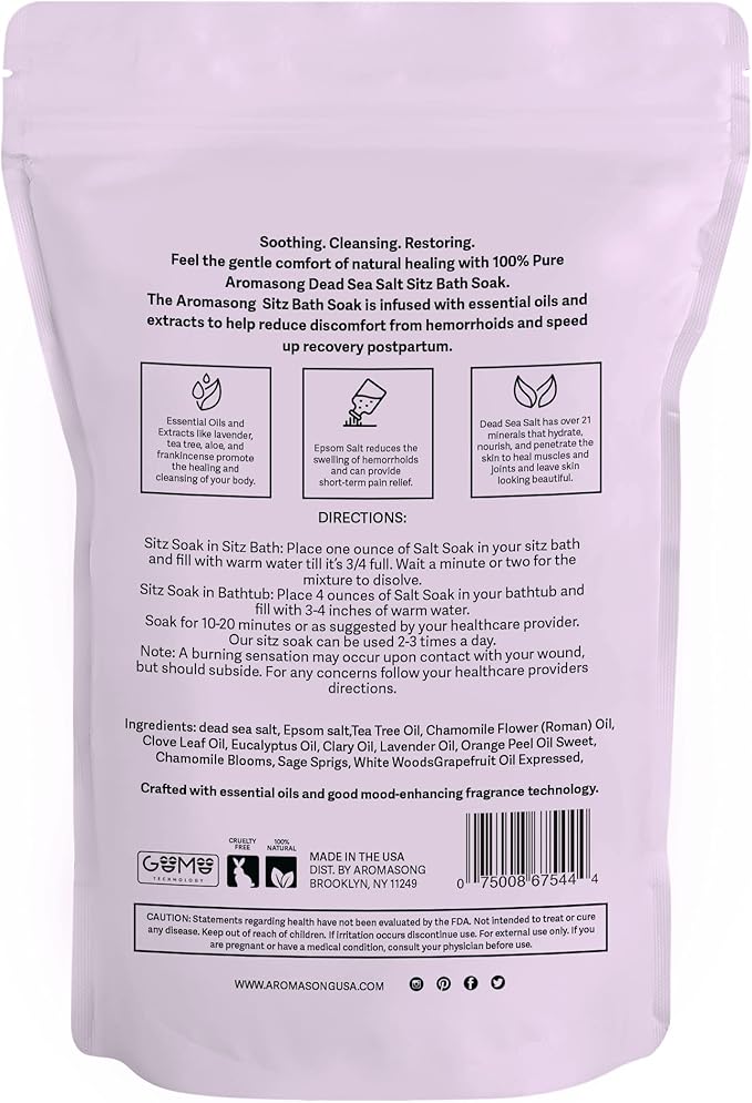 Aromasong Sitz Bath Soak 2lb β Sitz Bath Salt for Hemorrhoid & Postpartum Care β Dead Sea & Epsom Salt Soak with Lavender, Chamomile & Tea Tree β Natural Sitz Bath Salts β Made in USA