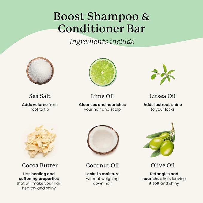 NATURL Boost Volumizing Shampoo and Conditioner Bar Set with Sea Salt and Lime Oil for Fine or Oily Hair, Free of Silicone, Paraben, Phthalate, Gluten, Citrus Scent, 2 Count