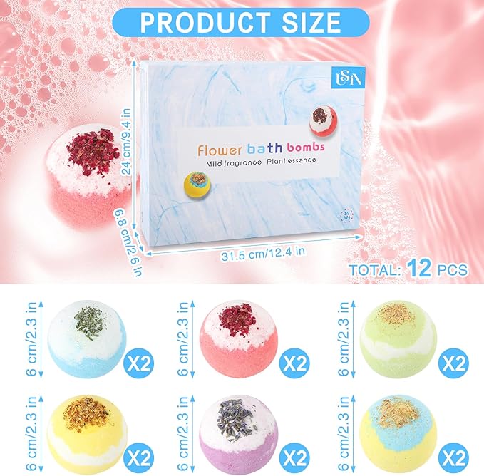 Bath Bombs for Women, USIN Natural Bubble Bath Balls Gift Set, Pack of 12 Pcs Multiple Bath Bomb, SPA Relaxing, Self Care, Gifts for Women, Men, Girls, Boys, Natural Flower Petals, 3.53 Oz Large Size